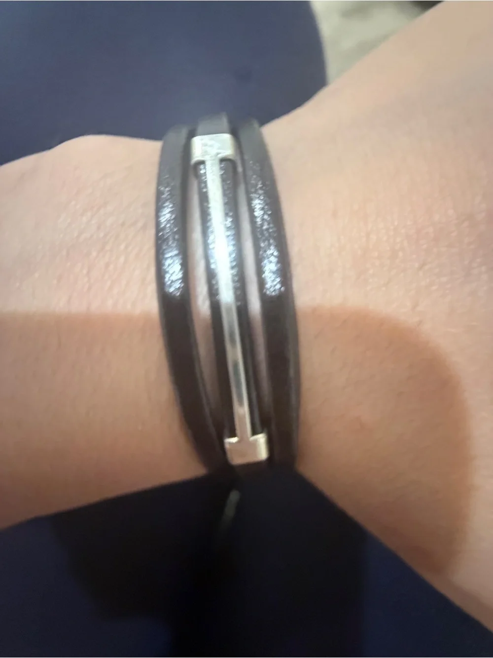 Black Leather Smart Bracelet with Silver Accent